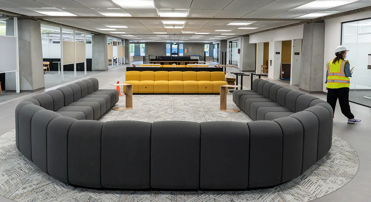 Floor 2 of Moffitt Library with study rooms, booths, and seating