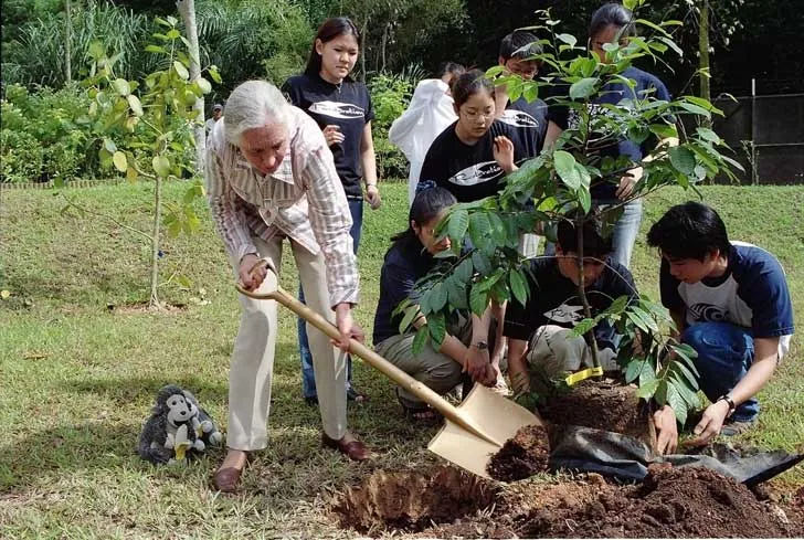 Jane Goodall plants trees with a group of young students