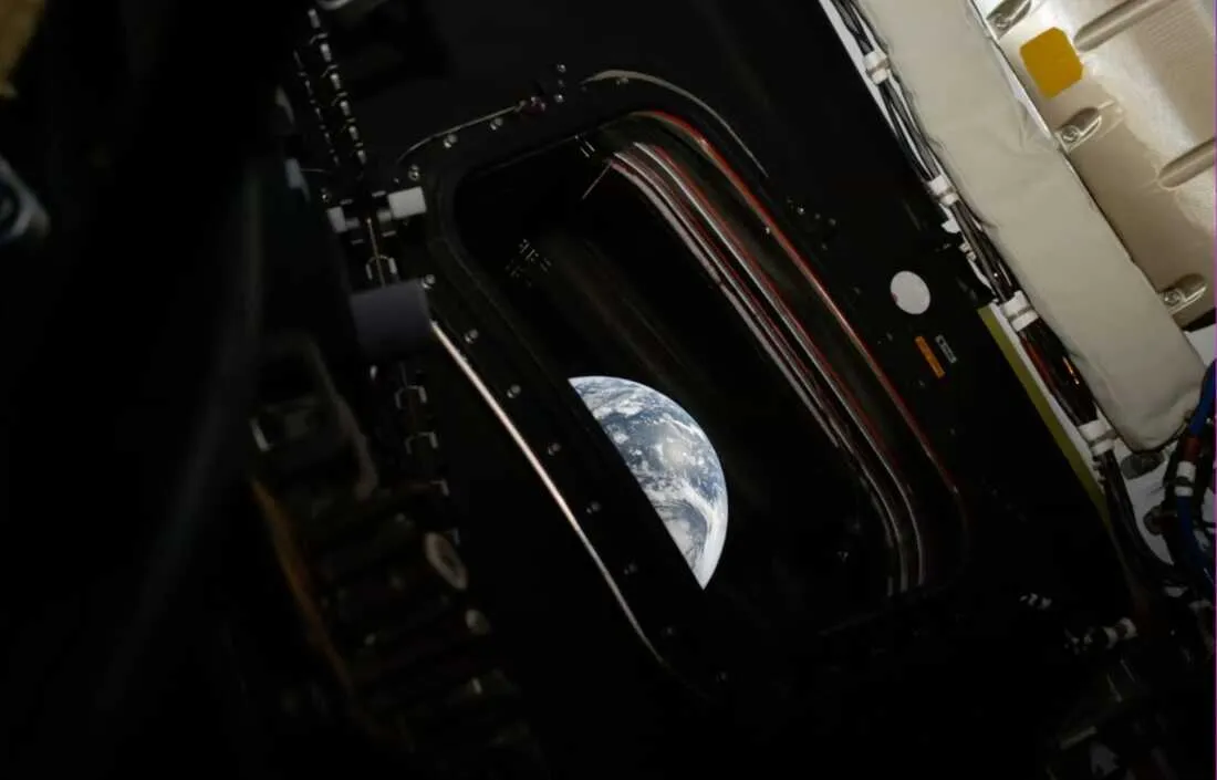 An image of Earth taken by NASA’s Artemis II astronaut commander Reid Wiseman inside the Orion capsule.