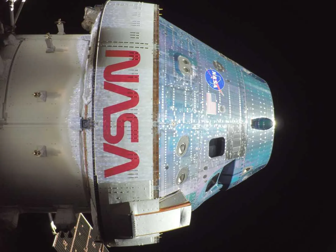 The exterior of the Orion spacecraft Integrity is seen during the Artemis II mission en route to the moon.