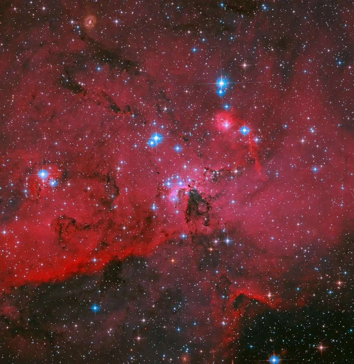 NASA’s Hubble Captures a Stunning Red, White, and Blue Stellar Nursery