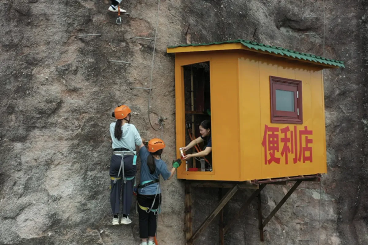 Climbers make a purchase – one would assume there isn't a huge selection to choose from