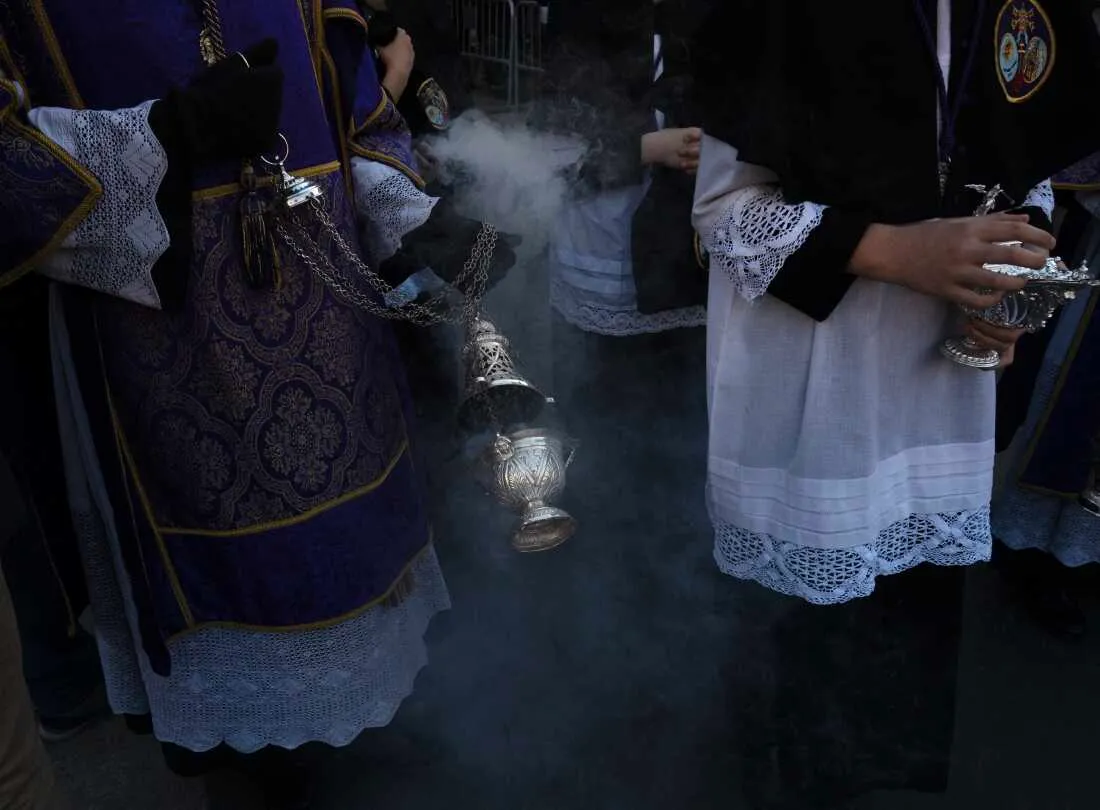 Spain's colourful Holy Week celebrations started this week, featuring centuries-old processions of the faithful carrying flower-covered floats topped with statues of Christ or the Virgin Mary that draw huge crowds. Penitents of the 'Los Estudiantes' brotherhood take part in a procession during Holy Week in Seville, Spain, on March 31 2026.