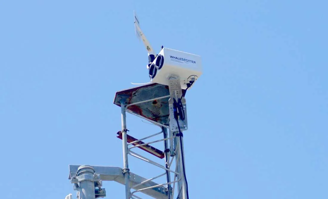 A WhaleSpotter thermal camera has been installed on a tower in the middle of San Francisco Bay. It detects whale spouts using artificial intelligence, helping alert nearby vessels.