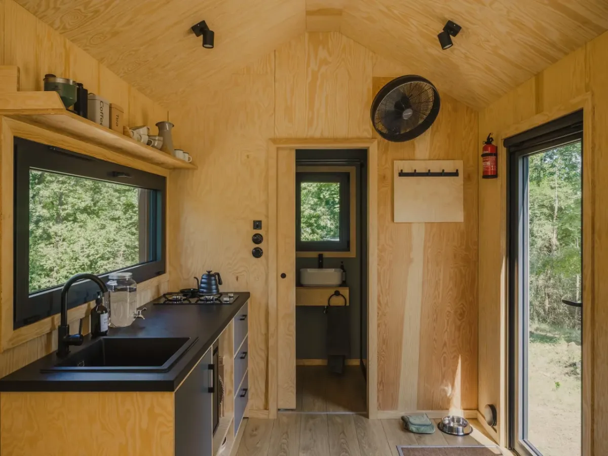 The Felicia's interior is finished in spruce or plywood and includes laminate flooring