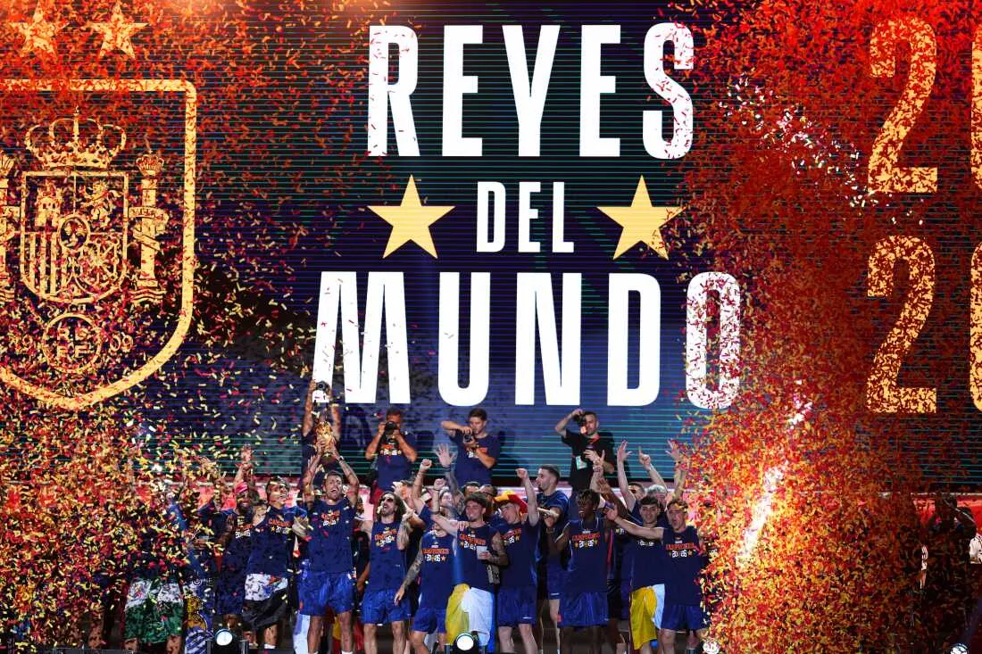 Players from Spain's national soccer team celebrate at Cibeles Square in Madrid on Monday, July 20, 2026, after Spain defeated Argentina in the World Cup final in East Rutherford, N.J., near New York.