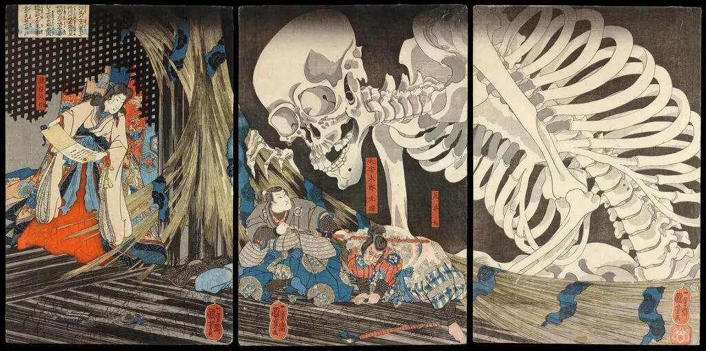 This woodprint, created by Utagawa Kuniyoshi around 1844, shows a Japanese mythological creature, a gashadokuro, being summoned by a princess.