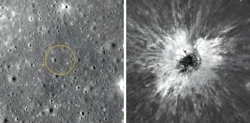 Before the impact (L) and after the creation of a new crater on the Moon's surface, taken by the Lunar Reconnaissance Orbiter Camera