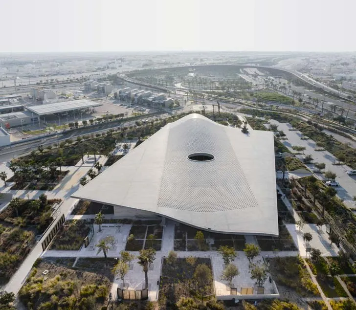 An aerial, exterior view of the Al-Mujadilah Center and Mosque for Women in Doha, Qatar