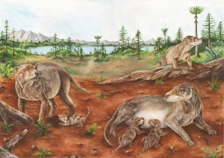 “Triassic Mothers,” a life reconstruction of a group of Chiniquodon theotonicus individuals, a pregnant female (left) as well as a female (right) breastfeeding a few, relatively large neonates.