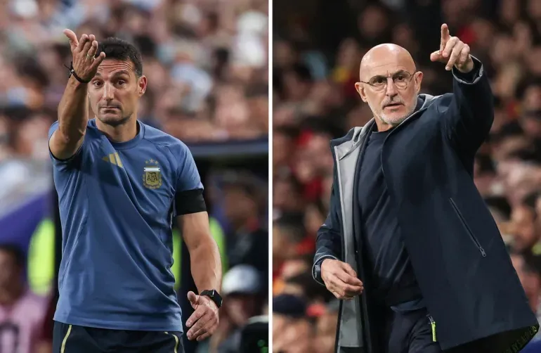 Argentina’s head coach Lionel Scaloni, left, and Spain’s coach Luis de la Fuente will meet in the World Cup final