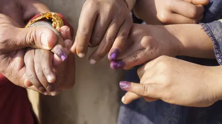 Children show fingers marked with purple dye.