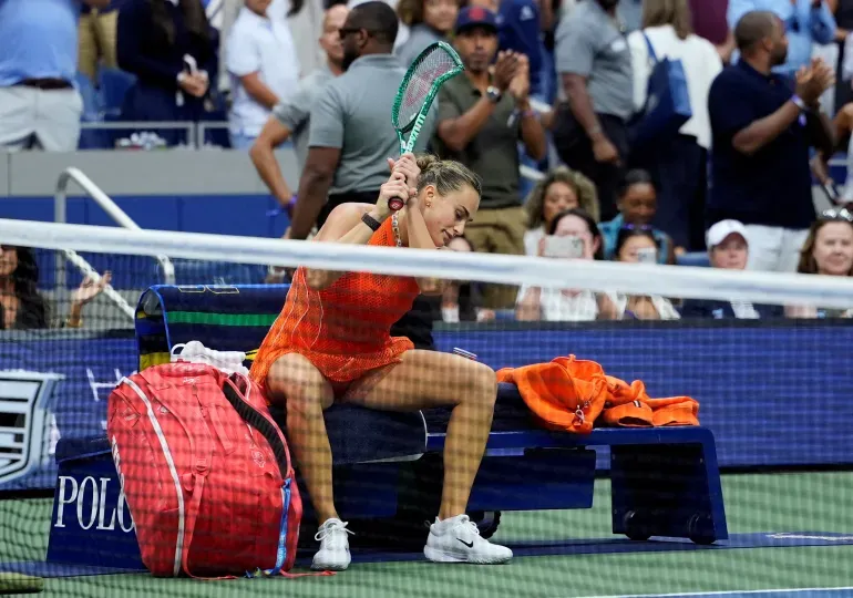 Tennis - U.S. Open - Flushing Meadows, New York, United States - September 12, 2026 Belarus' Aryna Sabalenka smashes her racquet after losing her women's singles final match against Kazakhstan's Elena Rybakina