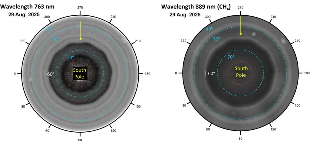 Two circular grayscale images show polar vortex rings around the South Pole at two wavelengths (763 nm and 889 nm), labeled with dashed blue circles at 40°, 50°, 60°, 70°, and a yellow arrow pointing from the top.