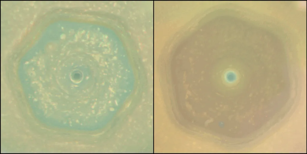 Side-by-side images of Saturns north pole hexagon: left shows a bright, blue hexagonal shape; right shows a faded, tan hexagon, demonstrating seasonal atmospheric changes.
