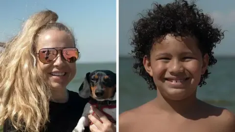 Split screen showing a woman holding a small dog, and a young man with the beach behind him.