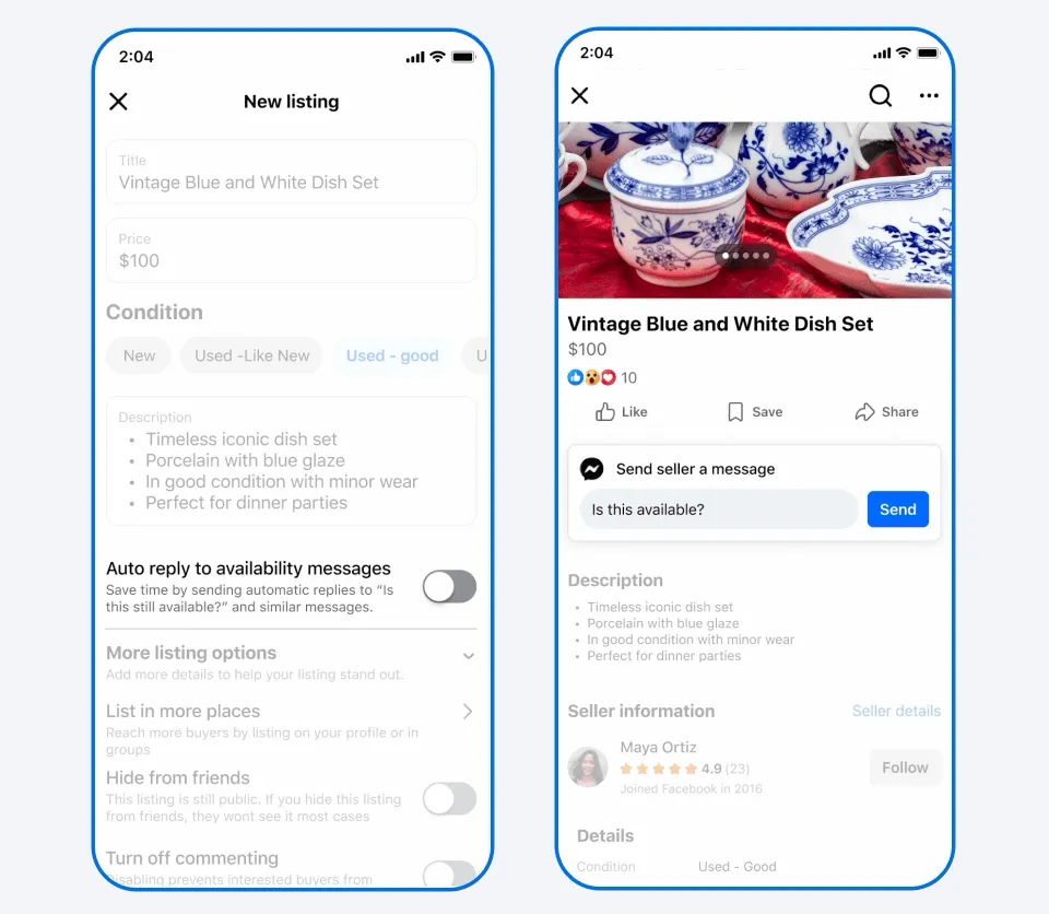 GIF showing the user interface to turn on auto replies on Facebook Marketplace.
