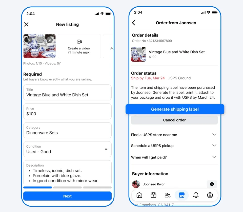 GIF showing the simplified user interface to ship items on Facebook Marketplace.