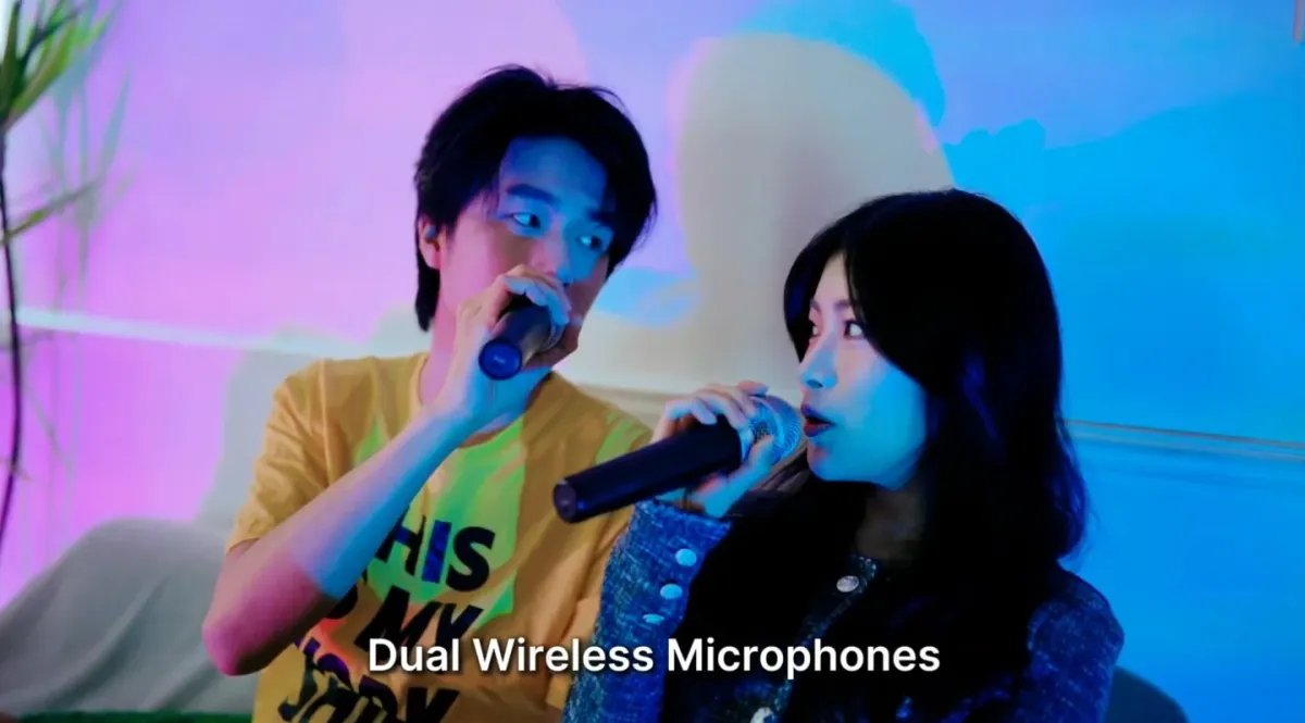 Dual wireless microphones turn the X5 into an instant karaoke setup without requiring separate audio gear