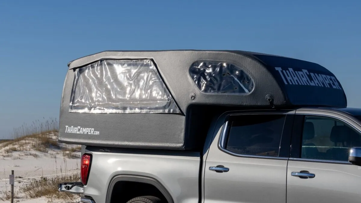 Inflatable truck camper sleeps four, weighs 180 pounds, inflates in five minutes