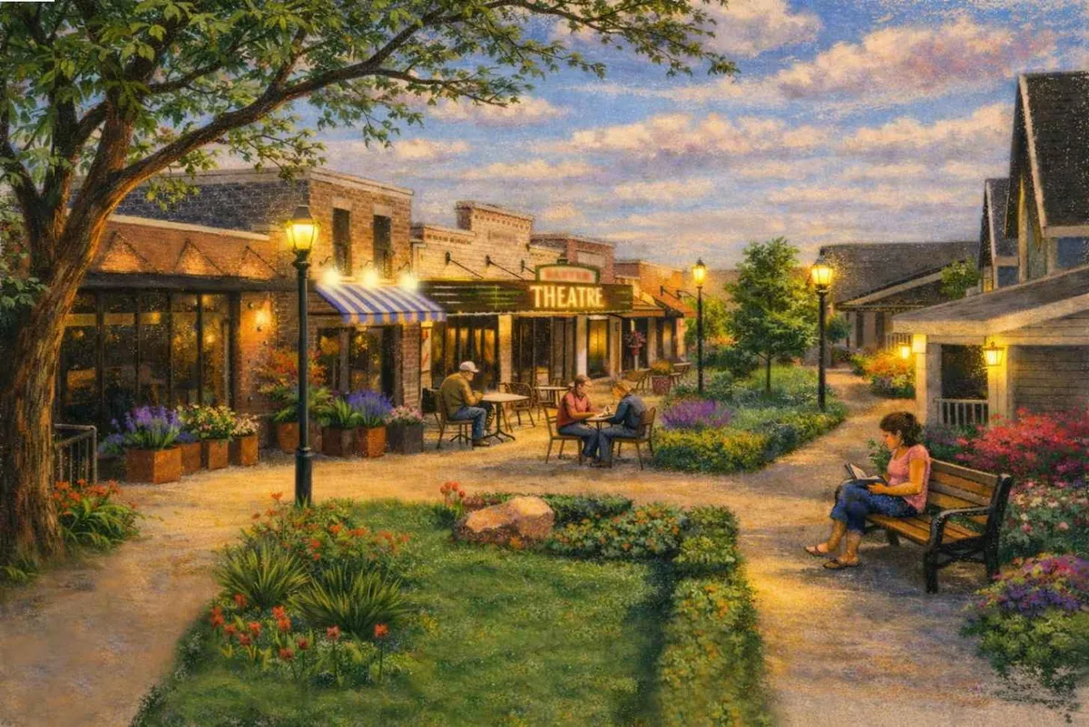 A mockup of an idyllic town at sunset