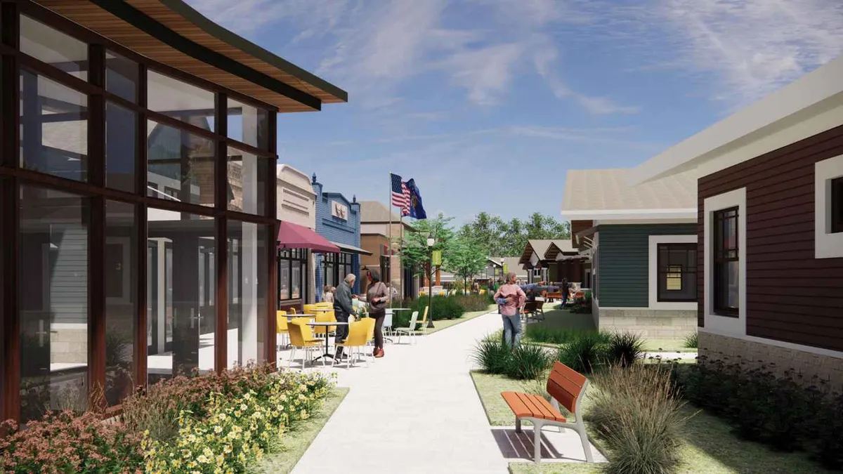 A digital rendering of a main street in a neighborhood
