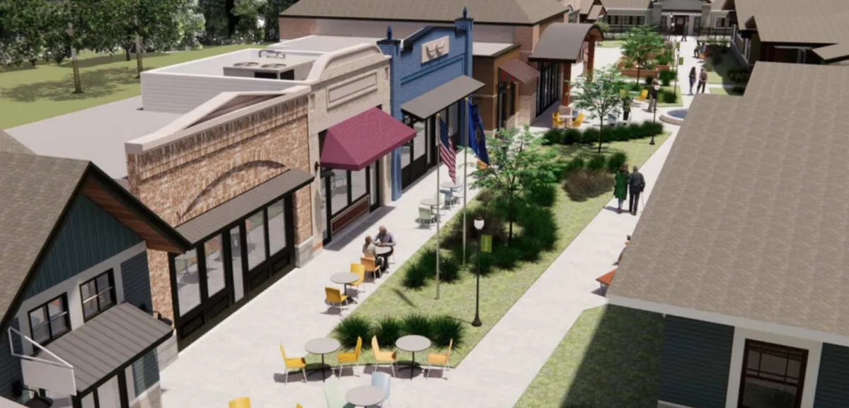 An aerial rendering of an idyllic main street
