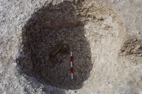 The hole in the ground shows a light rock with a hole in shadow dug into it. At the bottom is a red and white measuring pole, with three blocks of white and two blocks of red visible in between. It's difficult to see how deep it is but at the bottom there is an artefact protruding at the bottom on the left hand side of the hole. It is in the shadowed area and is something that looks light brown in colour and slightly curved.