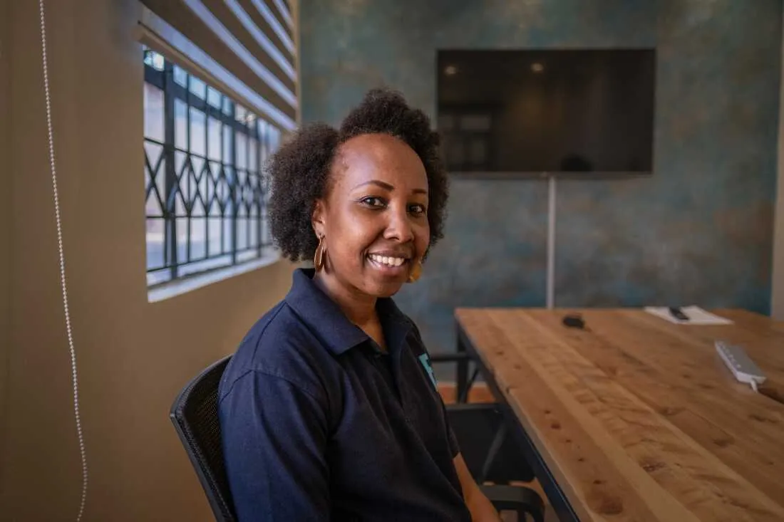 Buildher's founder, Tatu Gatere, photographed at the organisation's training facility in Nairobi, Kenya.