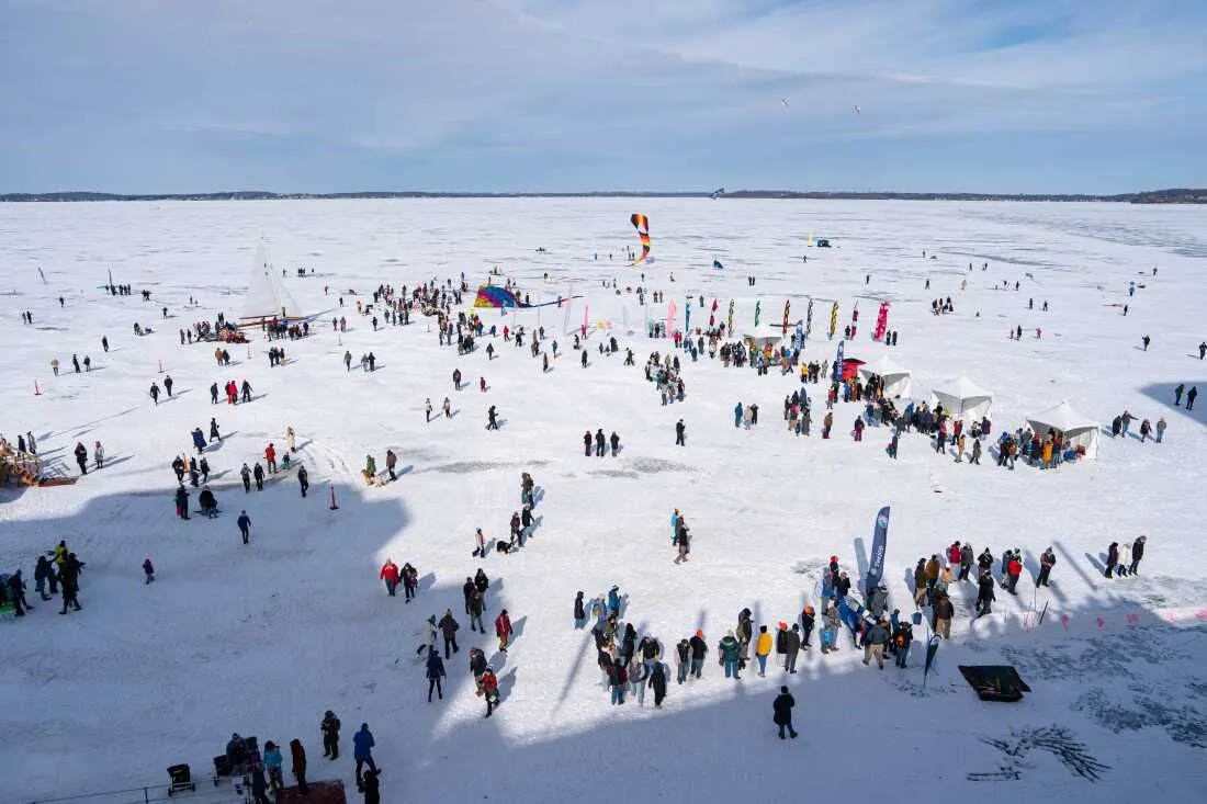 People gather on Lake Mendota for the 2026 Frozen Assets Festival on Saturday, Feb. 7, in Madison, Wis.