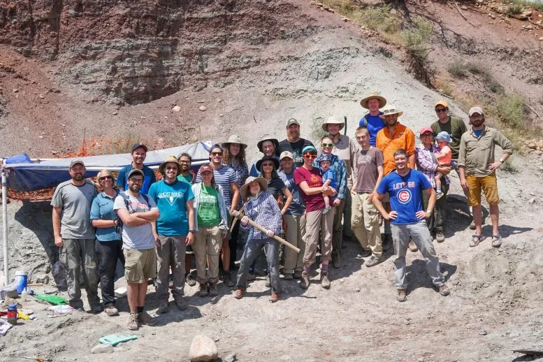 Fieldwork crew, including most of the co-authors and Dinosaur Institute Director Dr. Nate Smith at right foreground, at the Hayden Quarries, Ghost Ranch, New Mexico.