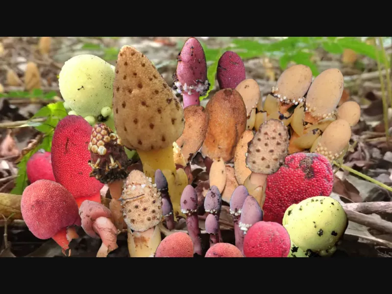 A selection of the sampled Balanophora plants. (a) B. japonica (left and center: Kyushu, Japan; right: Taiwan), (b) B. mutinoides (Taiwan), (c) B. tobiracola (from left: Okinawa, Japan; Taiwan), (d) B. subcupularis (Kyushu, Japan), (e) B. fungosa ssp. fungosa (from left: Okinawa, Japan; Taiwan), (f) B. yakushimensis (from left: Kyushu, Japan; Taiwan), (g) B. nipponica (Honshu, Japan).