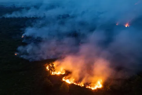 An aerial view shows a fire burning on peatland and forest in Sungai Putri village, Ketapang Regency, West Kalimantan province