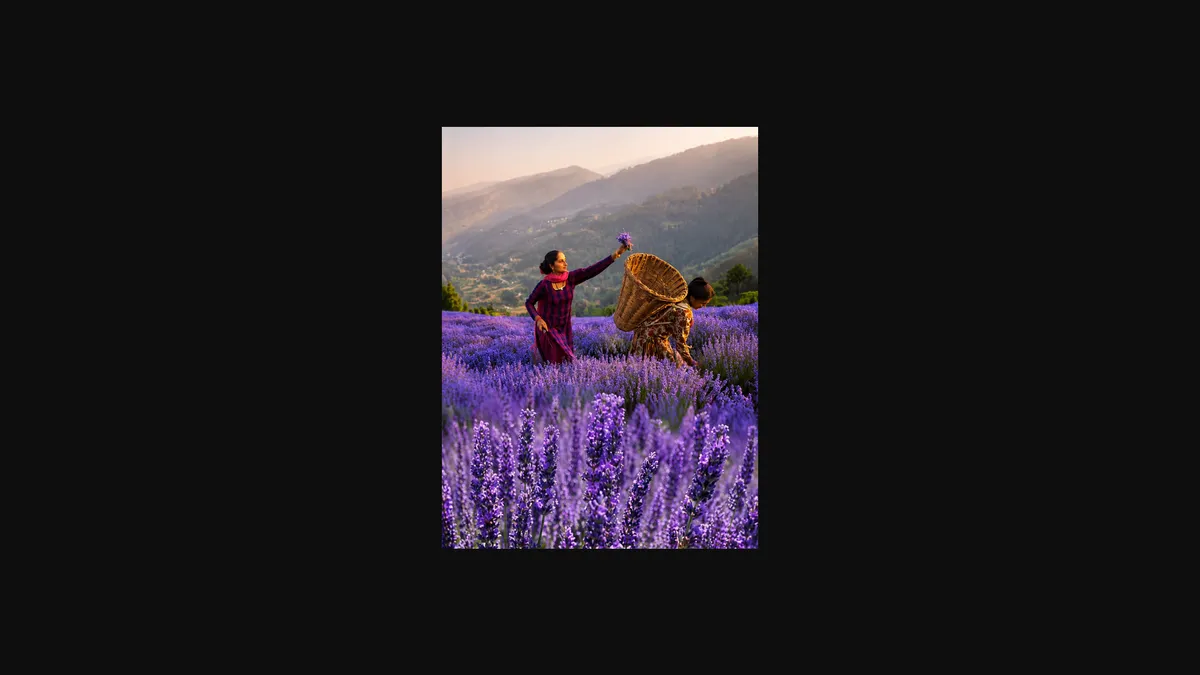 A field of purple lavender with mountains in the background