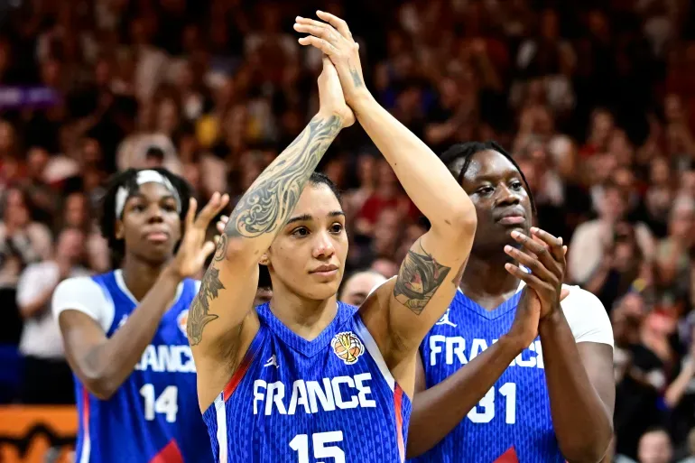 France's forward Gabby Williams reacts after the 2026 FIBA Women’s Basketball World Cup final game between the United States and France in Berlin on September 13, 2026.