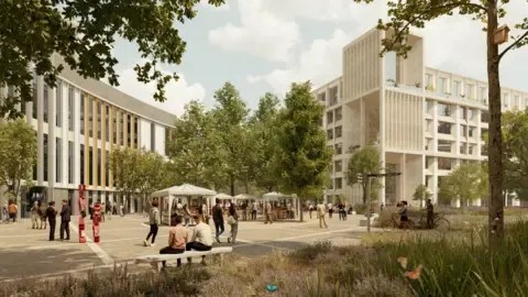 An artist's impression of part of the future science park. There is a border of wildflowers and trees in the foreground, alongside a paved square with gazebos erected for pop up stalls and people milling around and sitting on benches. in the background, two large buildings featuring large glass windows, stand three storey high.