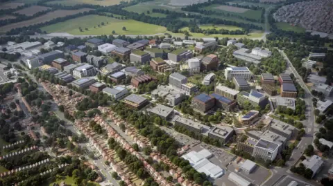 An artist's impression of Cambridge business park from the air. It shows an area containing several dozen large office buildings and labs, with trees and green spaces among and around them. To the top right and bottom left of the image are areas of residential housing.