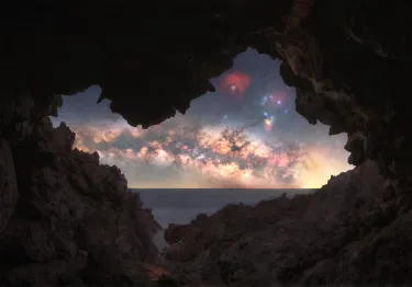 Galaxy on the Rise as photographed from a cave. Composing and shooting the panoramic foreground required careful positioning, while properly illuminating the upper section of the cave was particularly difficult.
To manage this, I used focus stacking across different planes, including the upper edge, the horizon, and the lower foreground, all in near-total darkness, where the brief blue hour offered little assistance