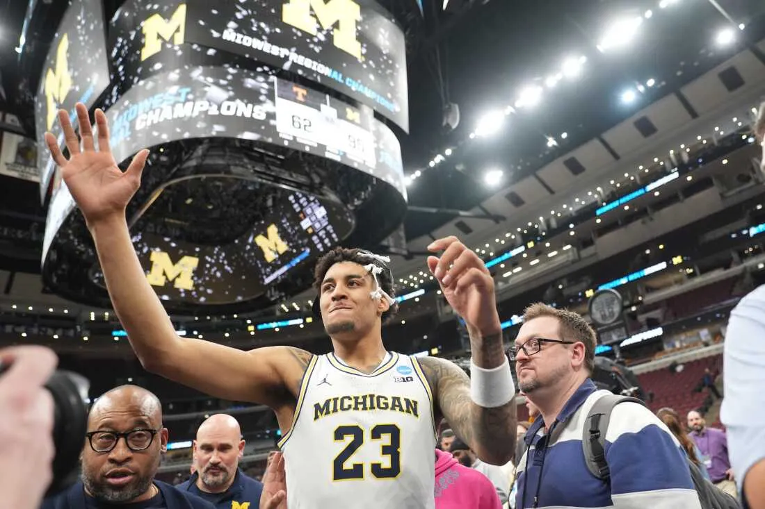 Michigan's Yaxel Lendeborg (23) celebrates after defeating Tennessee in the Elite Eight of the NCAA college basketball tournament, Sunday, March 29, 2026, in Chicago.