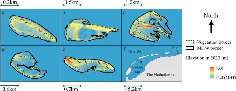 The five islands included in this study: Richel (a), Griend (b), Rottumerplaat (c), Zuiderduintjes (d), and Rottumeroog (e).