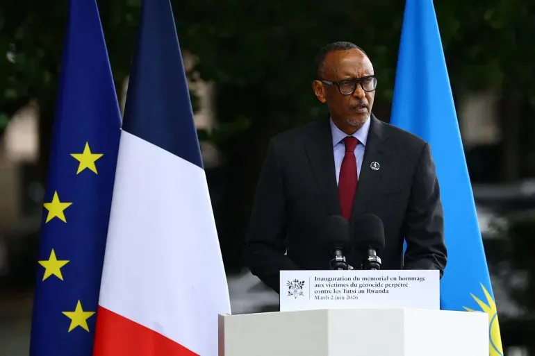Rwanda’s President Paul Kagame delivers his speech during the inauguration of a new memorial honouring victims of the Rwandan genocide, in Paris, France, June 2