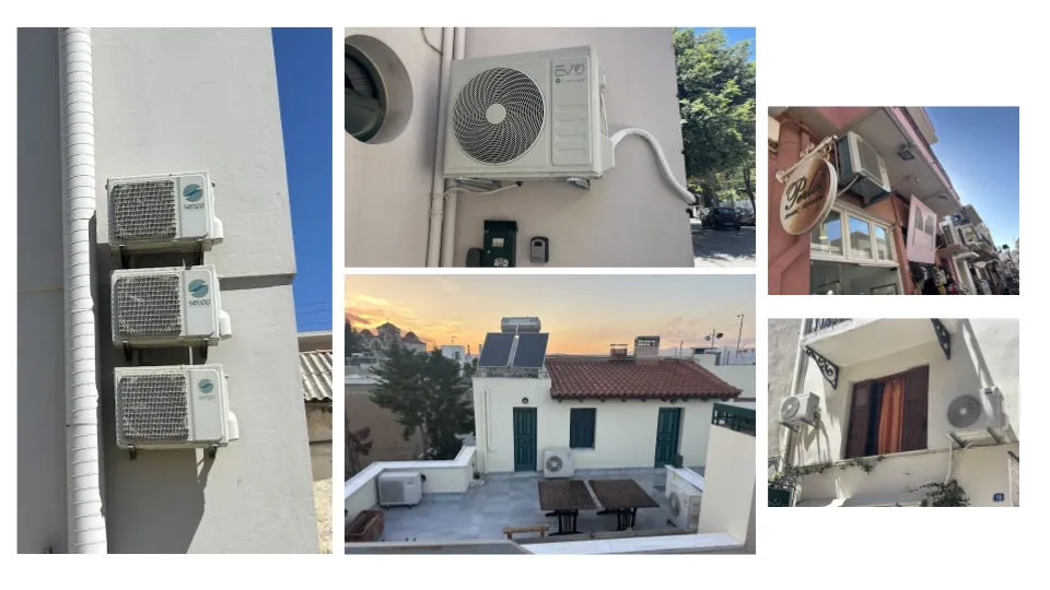 Many heat pumps on a building